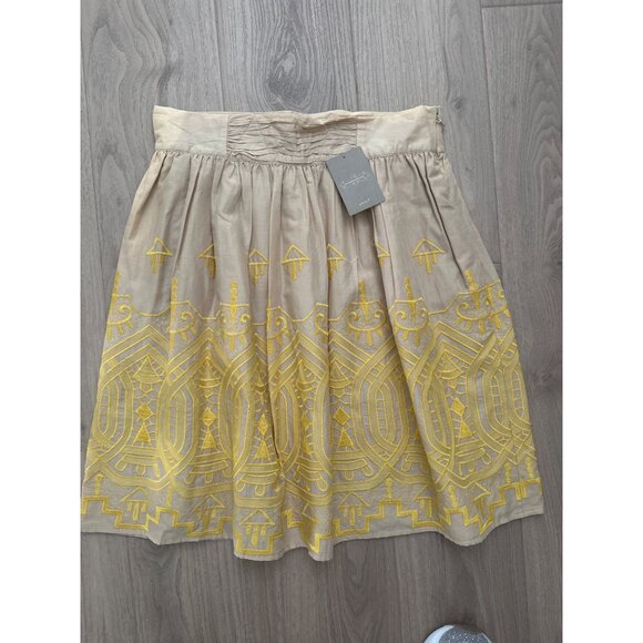 Anthropologie Beige & Yellow Embroidered Midi Skirt Medium Cotton Blend Made In - Picture 1 of 5